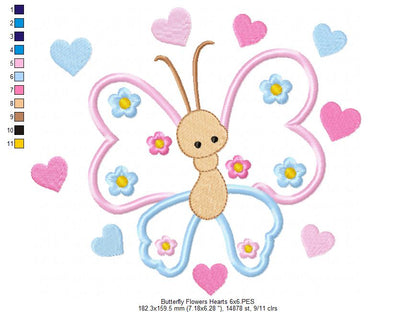Butterfly, Flowers and Hearts - Applique - Machine Embroidery Design