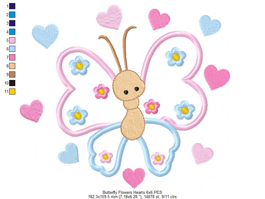 Butterfly, Flowers and Hearts - Applique