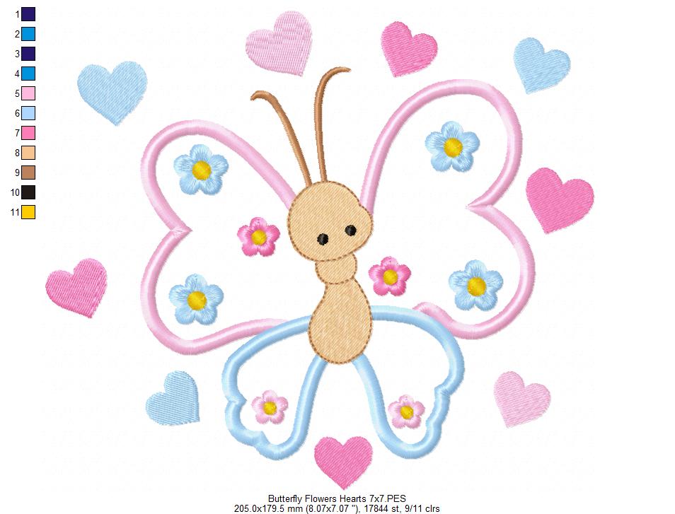 Butterfly, Flowers and Hearts - Applique - Machine Embroidery Design