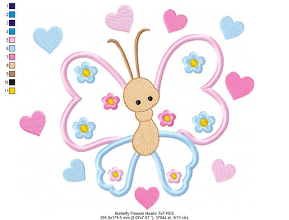 Butterfly, Flowers and Hearts - Applique - Machine Embroidery Design