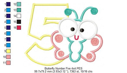 Butterfly Number Five – Applique Stitch – Machine Embroidery Design