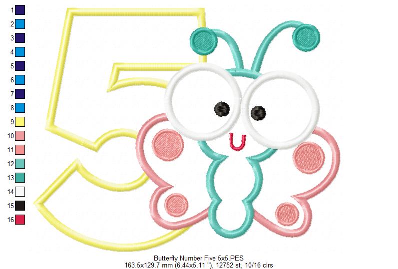 Butterfly Number Five – Applique Stitch – Machine Embroidery Design
