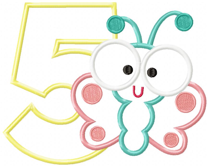 Butterfly Birthday Number Five 5th Birthday - Applique