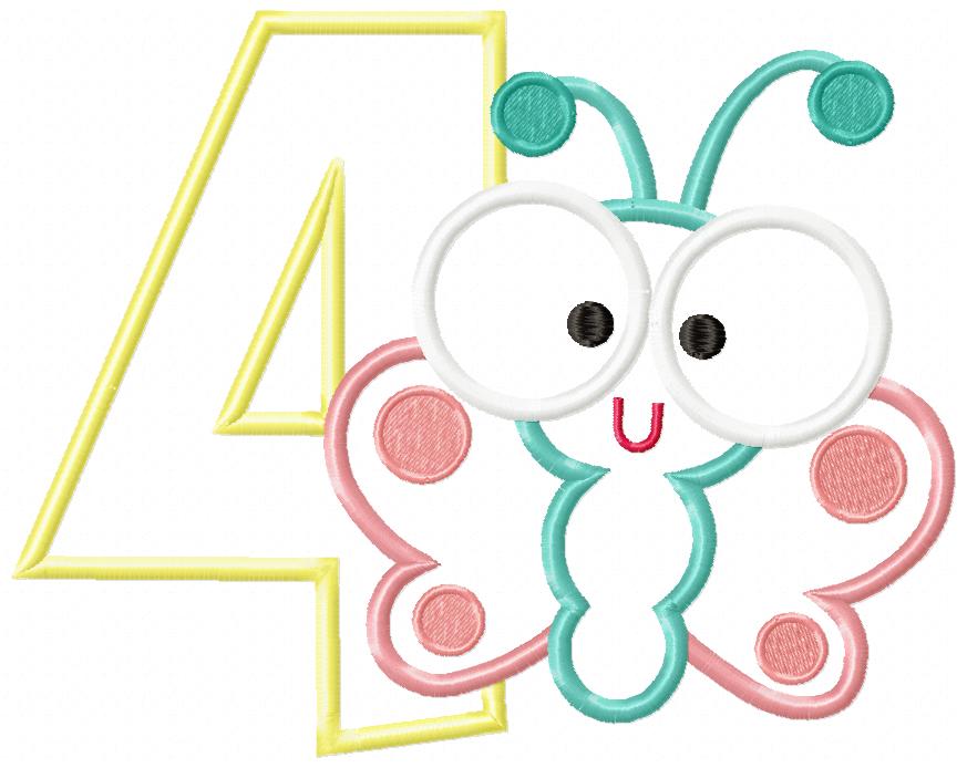 Butterfly Birthday Number Four 4th Birthday - Applique