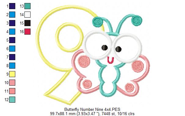 Butterfly Birthday Number Nine 9th Birthday - Applique