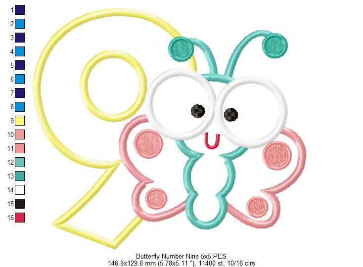Butterfly Number Nine Applique – Applique Stitch – Machine Embroidery Design