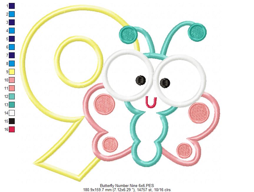 Butterfly Number Nine Applique – Applique Stitch – Machine Embroidery Design