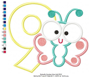 Butterfly Number Nine Applique – Applique Stitch – Machine Embroidery Design