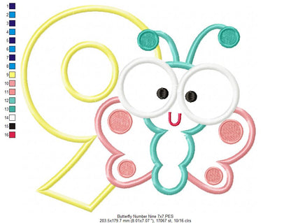 Butterfly Number Nine Applique – Applique Stitch – Machine Embroidery Design