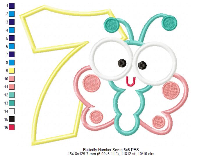 Butterfly Birthday Number Seven 7th Birthday - Applique