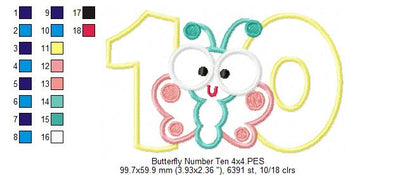 Butterfly Number Ten Applique – Applique Stitch – Machine Embroidery Design