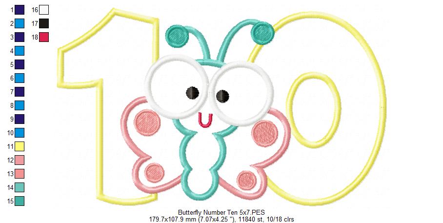 Butterfly Number Ten Applique – Applique Stitch – Machine Embroidery Design