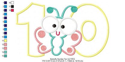 Butterfly Number Ten Applique – Applique Stitch – Machine Embroidery Design