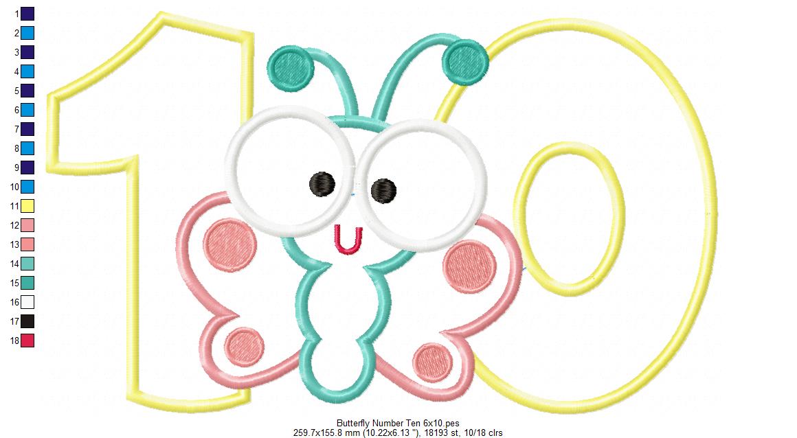 Butterfly Number Ten Applique – Applique Stitch – Machine Embroidery Design