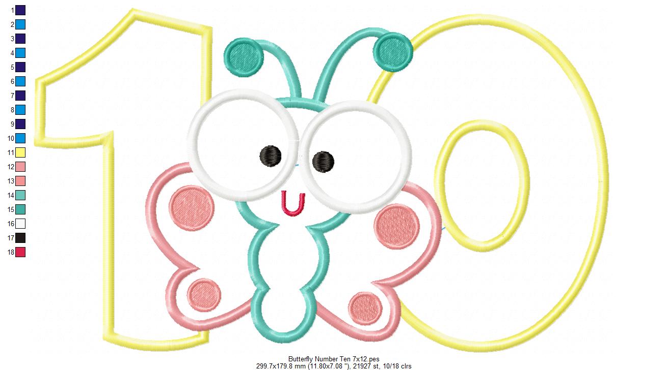 Butterfly Number Ten Applique – Applique Stitch – Machine Embroidery Design