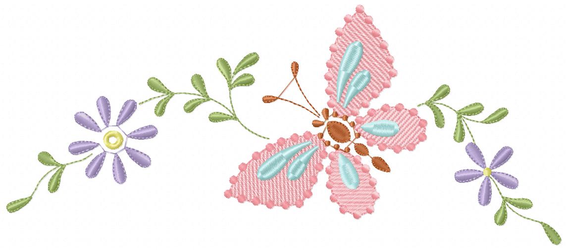 Delicate Butterfly and Flowers - Fill Stitch Embroidery