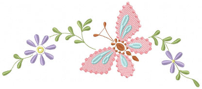 Delicate Butterfly and Flowers - Fill Stitch Embroidery