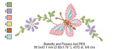 Delicate Butterfly and Flowers - Fill Stitch Embroidery