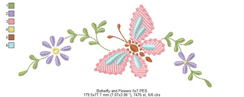 Delicate Butterfly and Flowers - Fill Stitch Embroidery