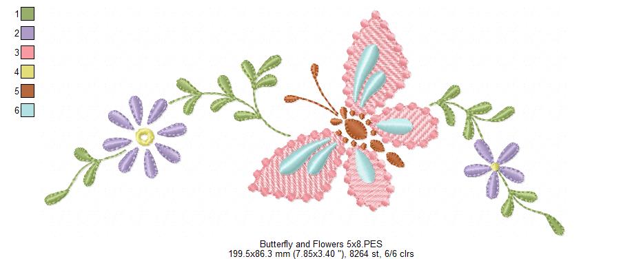 Delicate Butterfly and Flowers - Fill Stitch Embroidery