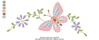 Delicate Butterfly and Flowers - Fill Stitch Embroidery