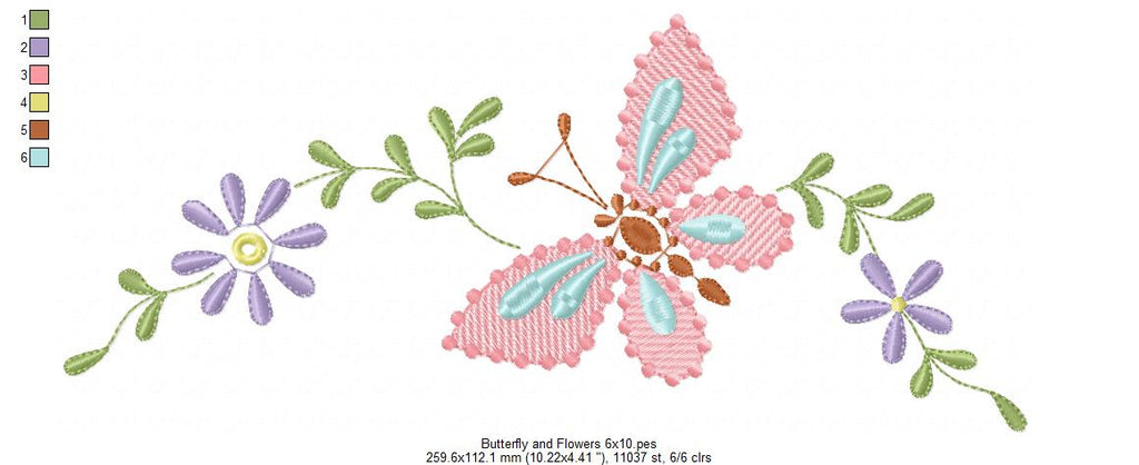 Delicate Butterfly and Flowers - Fill Stitch Embroidery