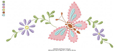 Delicate Butterfly and Flowers - Fill Stitch Embroidery