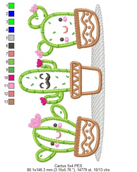 Cute Cactus Trio - Applique - Machine Embroidery Design