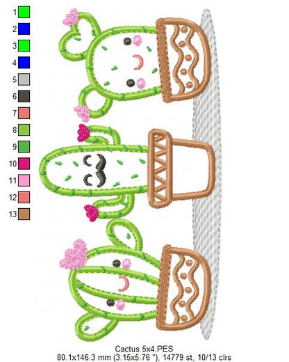 Cute Cactus Trio - Applique - Machine Embroidery Design