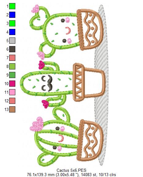 Cute Cactus Trio - Applique - Machine Embroidery Design