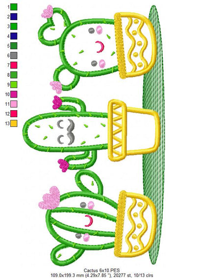 Cute Cactus Trio - Applique - Machine Embroidery Design