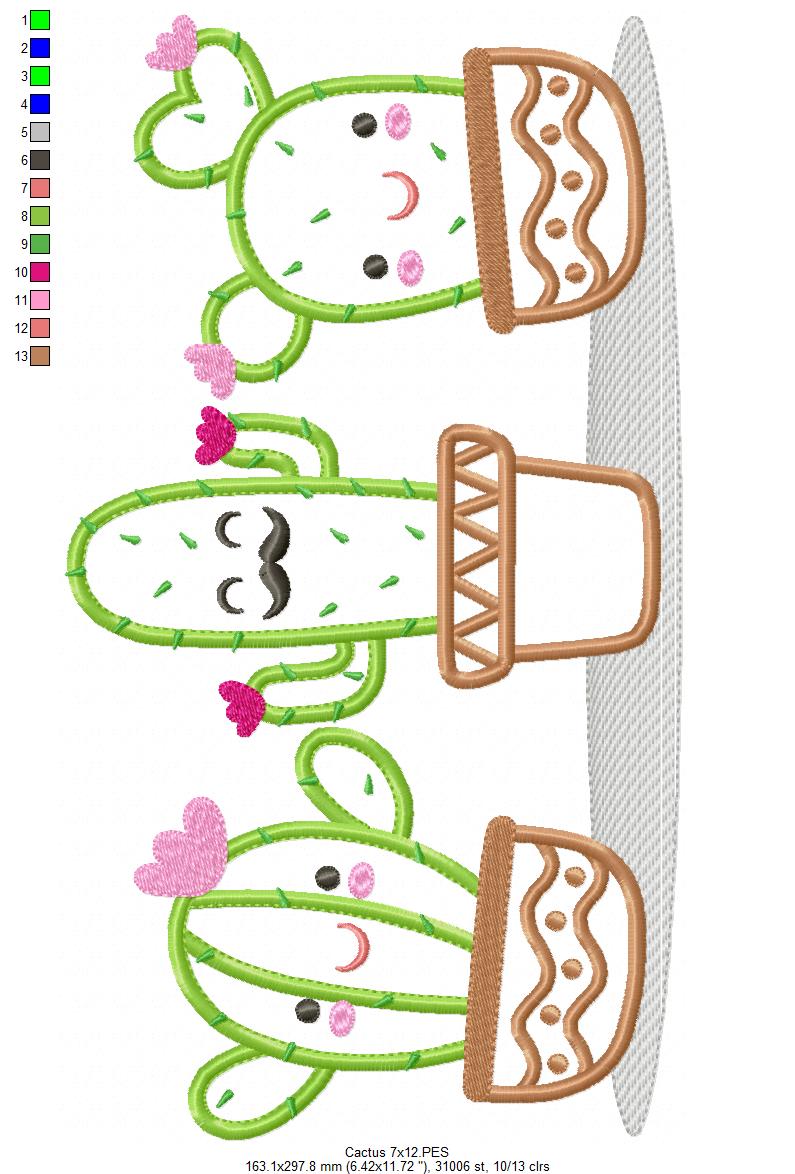 Cute Cactus Trio - Applique - Machine Embroidery Design