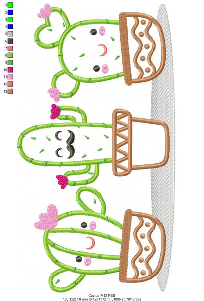 Cute Cactus Trio - Applique - Machine Embroidery Design