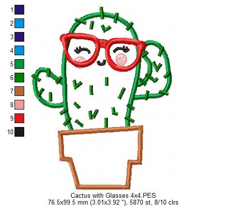 Cute Cactus with Glasses - Appliqué - Machine Embroidery Design