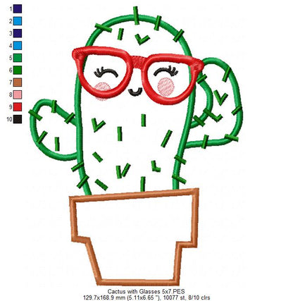 Cute Cactus with Glasses - Appliqué - Machine Embroidery Design