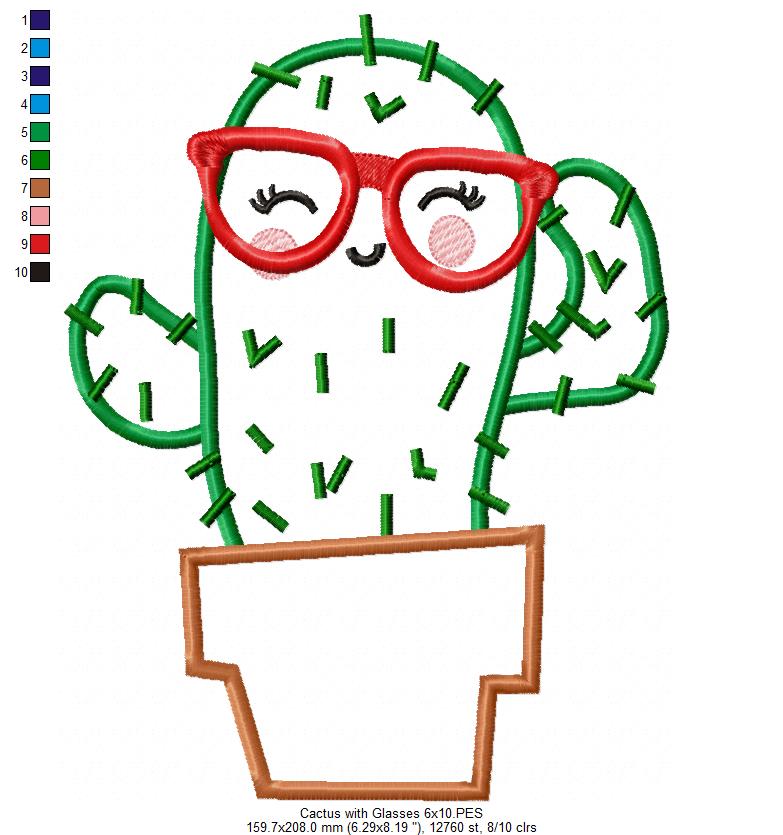 Cute Cactus with Glasses - Appliqué - Machine Embroidery Design