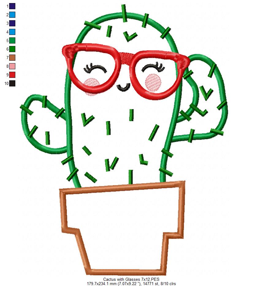 Cute Cactus with Glasses - Appliqué - Machine Embroidery Design