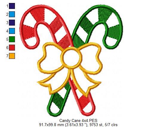 Two Candy Canes with Bow - Applique - Machine Embroidery Design