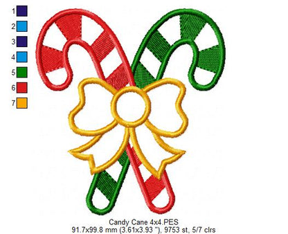 Two Candy Canes with Bow - Applique - Machine Embroidery Design