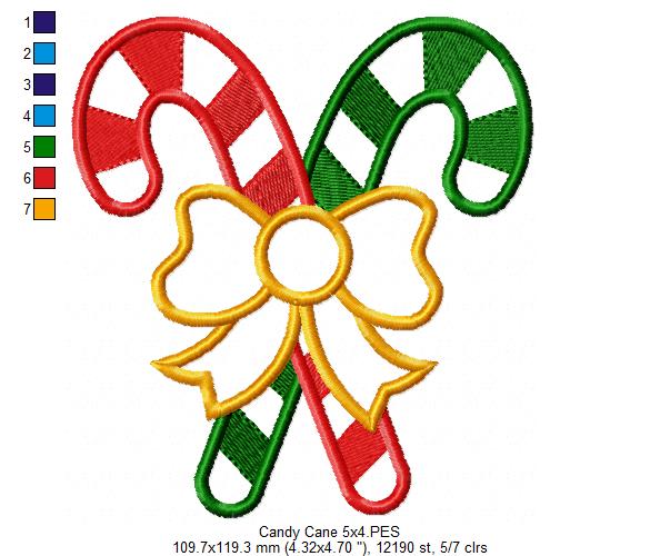 Two Candy Canes with Bow - Applique - Machine Embroidery Design