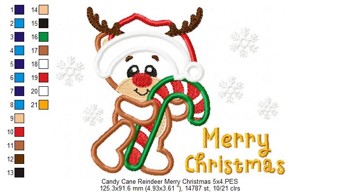 Candy Cane Reindeer Merry Christmas - Applique Embroidery