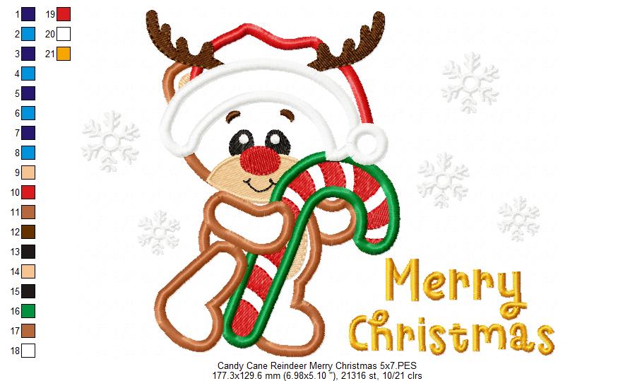 Candy Cane Reindeer Merry Christmas - Applique Embroidery