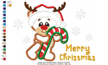 Candy Cane Reindeer Merry Christmas - Applique Embroidery