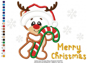 Candy Cane Reindeer Merry Christmas - Applique Embroidery