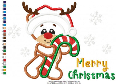 Candy Cane Reindeer Merry Christmas - Applique Embroidery