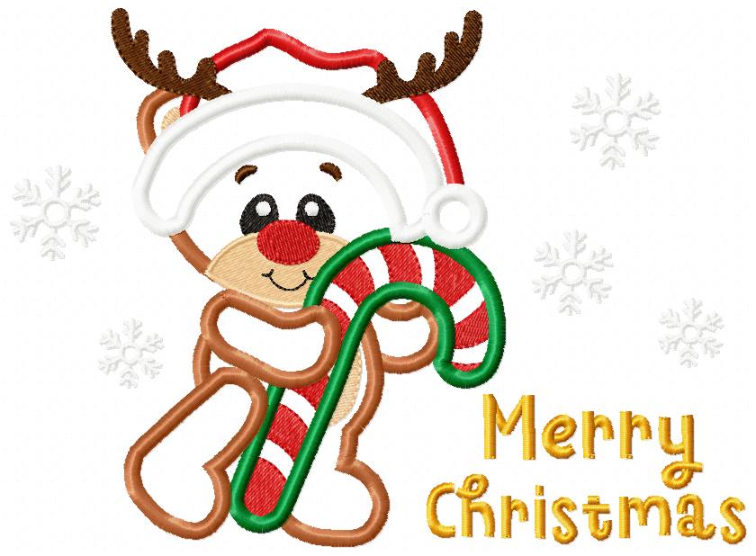 Candy Cane Reindeer Merry Christmas - Applique Embroidery