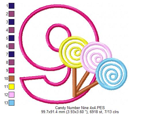 Lollipop Candy Number 9 Nine 9th Birthday - Applique