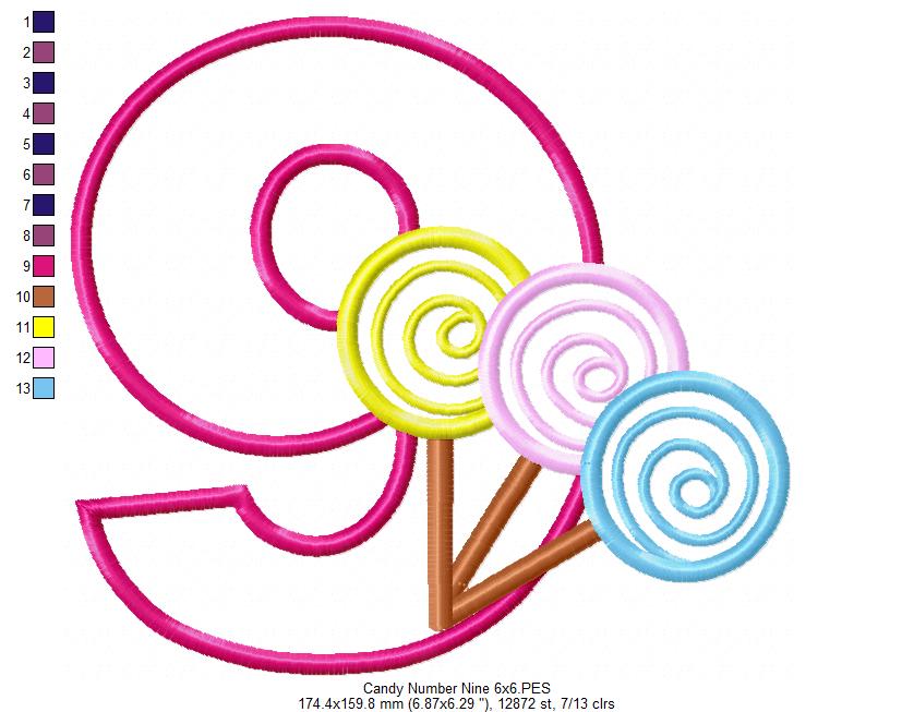 Lollipop Candy Number 9 Nine 9th Birthday - Applique