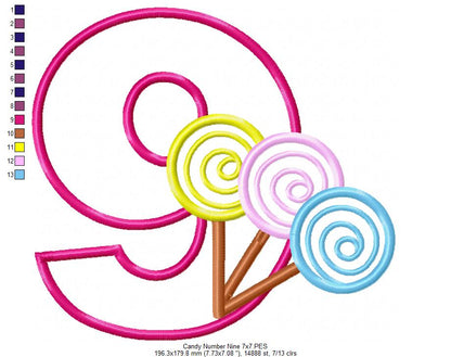 Lollipop Candy Number 9 Nine 9th Birthday - Applique