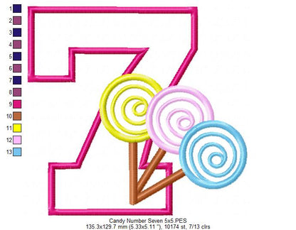 Lollipop Candy Number 7 Seven 7th Birthday - Applique